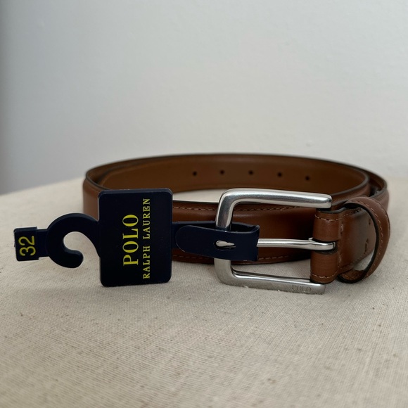 New Polo Ralph Lauren Suffield Brown Leather Single prong metal buckle Belt - Picture 2 of 8